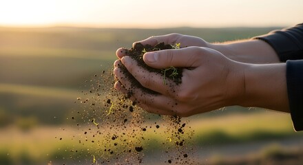 Close-up of hands holding soil and planting seeds in a natural outdoor environment during sunset