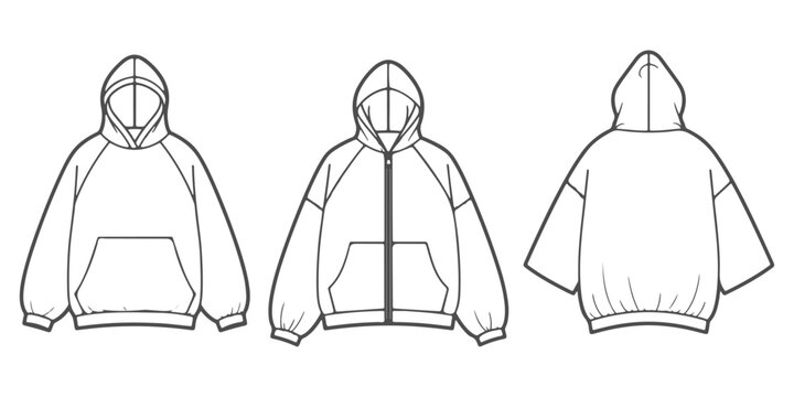CAD Drawings of modern hoodies shown in multiple front and back views with zipper and pullover variations, clean outline fashion vector illustration