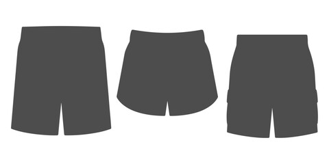 CAD Drawings. Set of shorts silhouette illustrated in three variants with front and back views. Vector illustration.