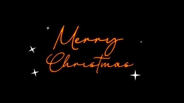 A vibrant neon orange Merry Christmas sign glows against a black background, accented by white stars.
