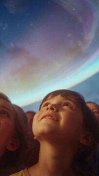 Vertical video: Watching girl tilting head back, tracking aurora and stars after sky glow at night