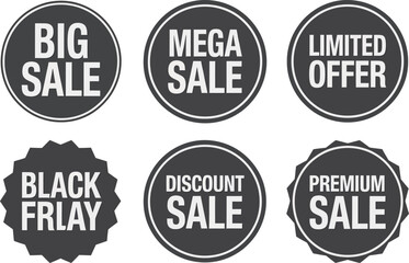 Obraz premium Big Sale Badge Collection. Mega sale labels, limited offer icons, discount sale emblems, and Black Friday promotional stamps
