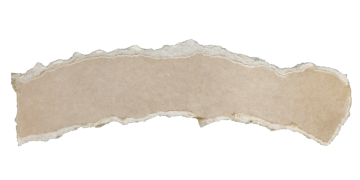 Long, horizontal strip of light brown or beige paper with rough, unevenly hand-torn edges. Strip is isolated on transparent background, revealing layered fibrous texture along ragged borders