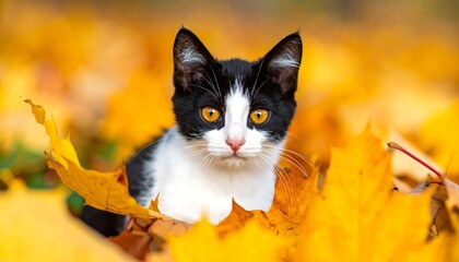 Black and white kitten with amber eyes sitting in a pile of bright orange and yellow autumn leaves