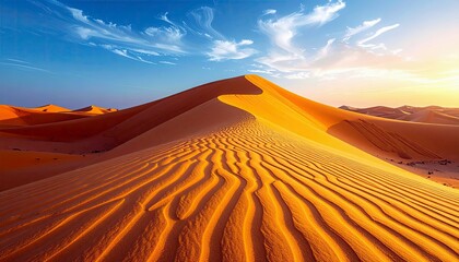 Vast desert landscape with undulating golden sand dunes sculpted by wind, under a bright blue sky with scattered clouds.