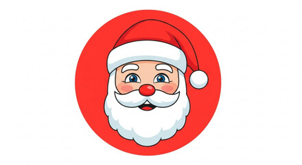 A delightful cartoon santa claus head with a red hat and a white beard, set against a vibrant red circular background isolated on