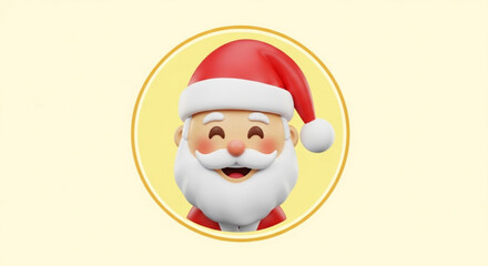 A cheerful 3d santa claus character with a rosy complexion, a jolly smile, and a classic red hat, set against a soft yellow backdrop in a circular frame