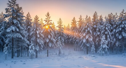 Snow covered trees in a forest during a winter sunset landscape view