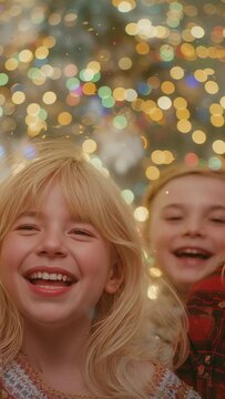 Vertical video: Laughing child celebrating while sparkles drifting in light bokeh, in knit sweater