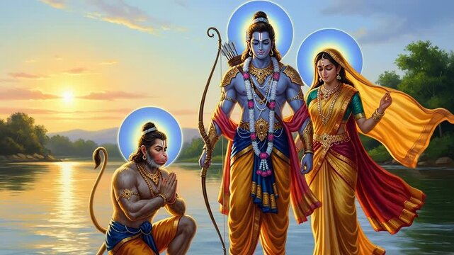 Divine Illustration of Lord Rama, Sita, and Hanuman on the Banks of Saryu River for Ram Navami Celebration