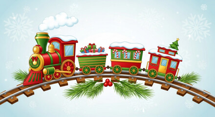 A festive christmas train with a red locomotive and decorated wagons, adorned with gifts and a christmas tree, travels along a snowy track, spreading holiday cheer