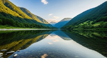Calm lake reflecting mountains under a clear blue sky scenic view