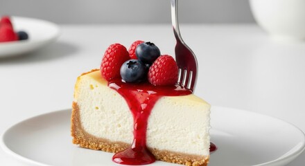 A decadent slice of creamy cheesecake topped with fresh raspberries and blueberries, drizzled with strawberry sauce, being pierced by a fork on a white plate