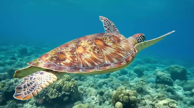 This vibrant underwater photograph captures a sea turtle gracefully swimming over a coral reef. The turtle's shell displays a rich mosaic of green, brown, and yellow hues, with intricate patterns that