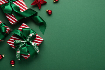 Merry Christmas and Happy Holidays greeting card, frame, banner. New Year. Red Christmas ornaments...