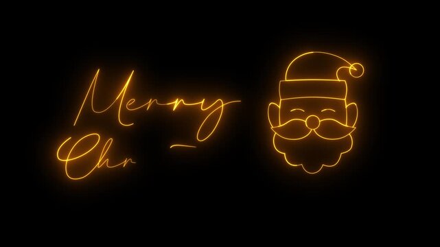 Hand drawn Merry Christmas animation with a glowing gold neon effect and a gold Santa Claus outline on a black background