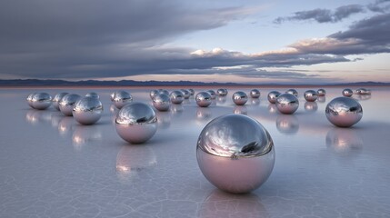 Fototapeta premium Sphères métalliques brillantes disposées sur une surface d'eau calme