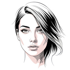 Elegant woman portrait with detailed features and flowing hair, artistic sketch.