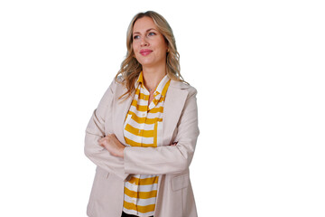 Confident professional businesswoman posing with arms crossed, looking away, thinking about strategy on transparent background