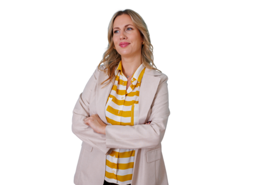 Confident professional businesswoman posing with arms crossed, looking away, thinking about strategy on transparent background