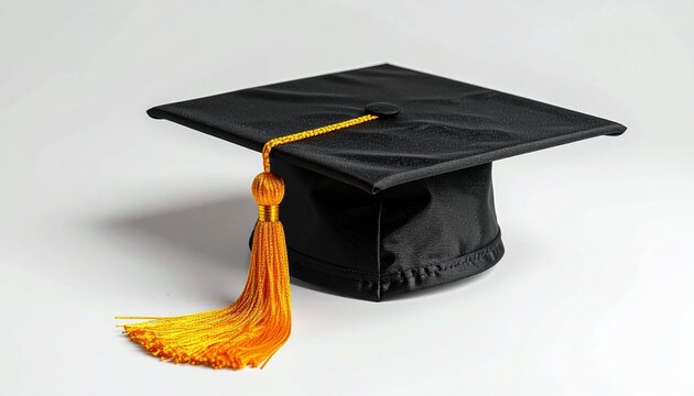 “A black graduation cap with gold tassel on a white surface, symbolizing academic achievement and ceremony.”
