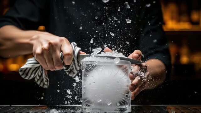 Sequence of a bartender carving a large block of clear ice with a sharp knife. Professional mixologist preparing a custom ice sphere for a craft cocktail with water splashes
