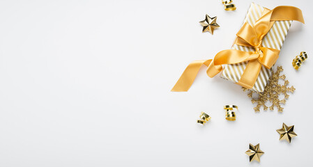 Merry Christmas and Happy Holidays greeting card, frame, banner. New Year. Golden Christmas...