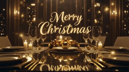 Elegant Christmas table setting with festive decorations and warm lighting.