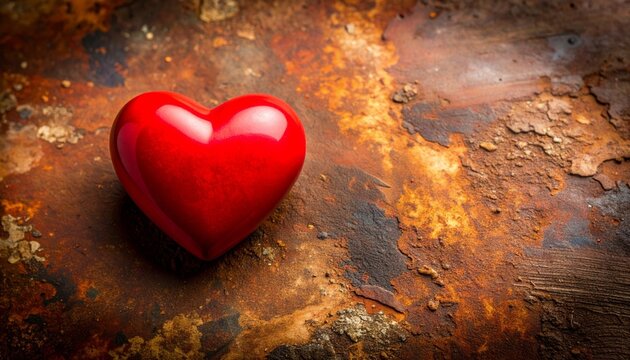 “A glossy red heart resting on rustic wood, reflecting light against a textured natural surface.”