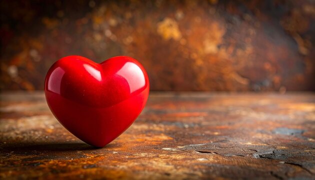 “A glossy red heart resting on rustic wood, reflecting light against a textured natural surface.”
