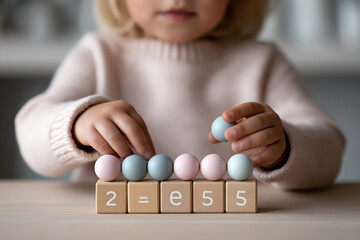 Caucasian female child engaged in educational play with counting toy blocks