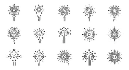 Collection of Diverse Starburst and Firework Icons Illustrating Explosions and Celebratory Light Displays Symbolizing Joy and Festivity