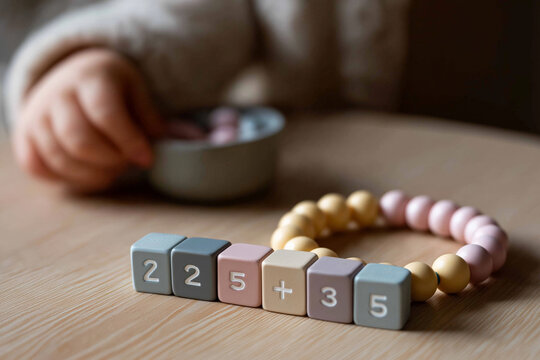 Child's hand with counting blocks and beads on wooden table
