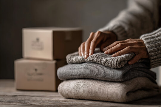 Female hands folding cozy knitted sweaters on wooden table with cardboard boxes nearby