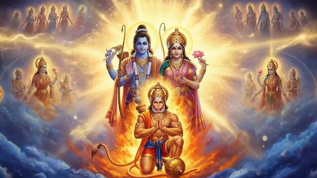 Divine Depiction of Lord Rama, Sita, and Hanuman for Ram Navami Celebrations and Hindu Devotion