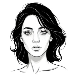 Elegant Black and White Portrait of a Beautiful Woman with Wavy Hair.