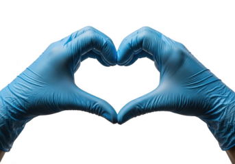 Blue medical gloves forming a heart shape isolated on transparent background