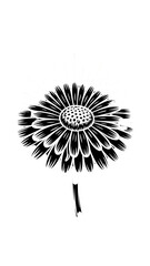 Monochromatic white flower illustration with radiating dots on a black background symbolizing natural beauty and growth