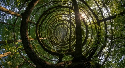 A mesmerizing view looking up through a tall, lush green forest with sunlight filtering through the dense canopy of leaves and towering trees