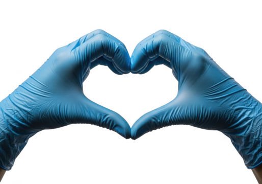 Blue medical gloves forming a heart shape isolated on transparent background