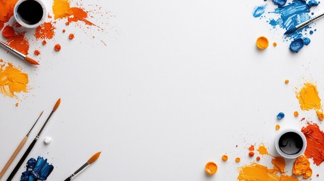 A flat lay composition featuring art supplies like paint brushes and colorful paint splatters arranged on a white surface.