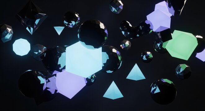 Geometric shapes floating in dark space with glowing light sources