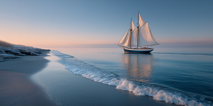 Serene sailboat at sunset on tranquil ocean with gentle waves - Powered by Adobe