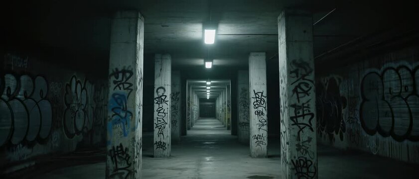 Exploring Eerie Tunnel, Concrete Pillars with Vibrant Graffiti, Dim Overhead Lighting, Underground Urban Environment, Wide-Angle Viewpoint, Atmospheric Mystery Concept