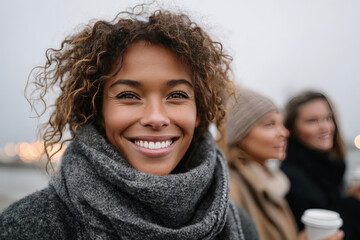 Smiling african female adult in cozy attire with friends outdoors