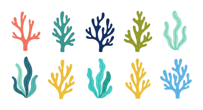 A vibrant collection of whimsical seaweed in joyful hues evoking the magic of the ocean depths on transparent background