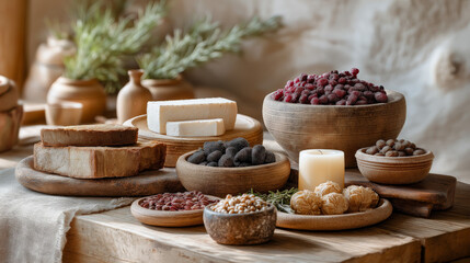 Rustic kitchen scene with various fresh ingredients and decorations on wooden table