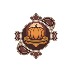Orange pumpkin on a pedestal framed by an ornate decorative emblem with warm brown and beige patterns