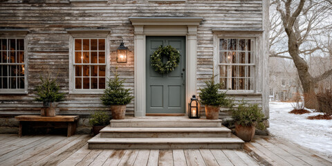 Obraz premium Rustic wooden house with wreath and lanterns in winter rural setting