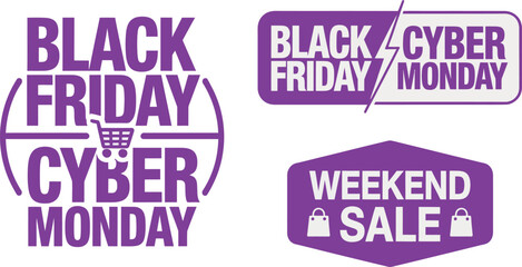 Sale Labels. Black Friday, Cyber Monday, and Weekend Sale promotional icons in modern purple design